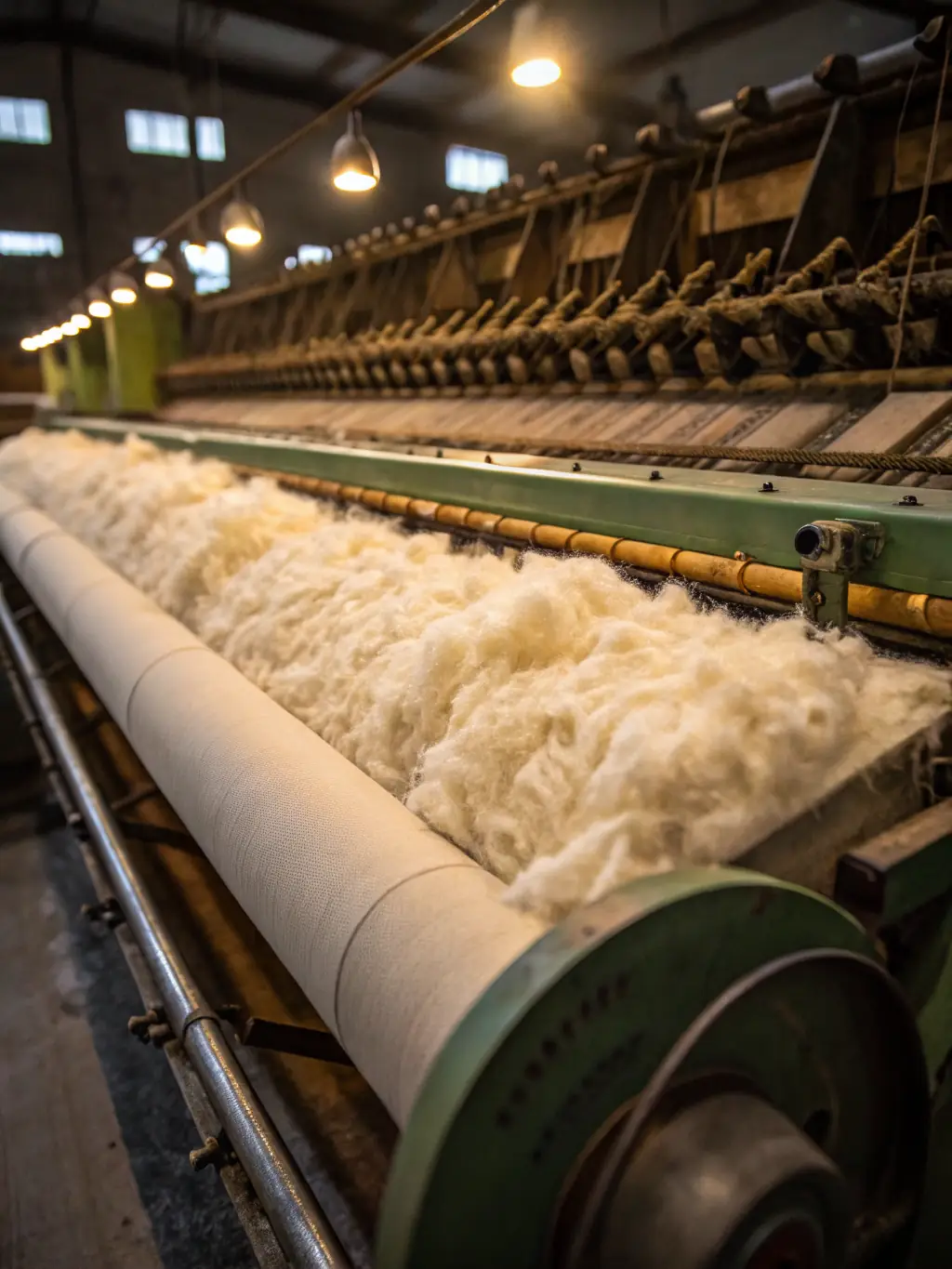 A spool of high-quality industrial cotton yarn in a neutral color, showcasing its texture and winding pattern, set against a blurred background of textile machinery.