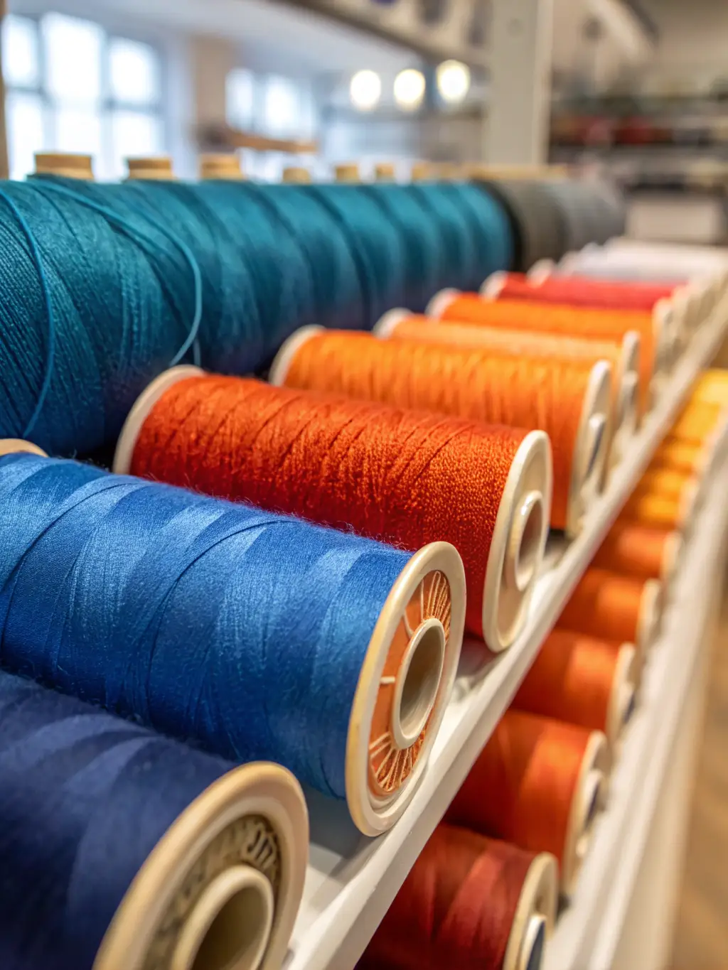 A selection of industrial sewing threads in different colors and thicknesses, arranged neatly to showcase their variety and quality, with a focus on their strength and reliability.